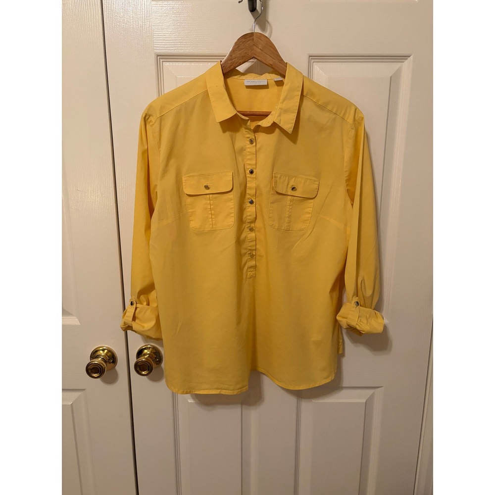 New York & Company Yellow Stretch Button Down Shirt XL Long Sleeve Blouse